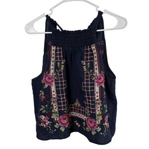 Free People Tank Top M Blue Linen Cotton Embroidered Cross Stitch Boho Festival